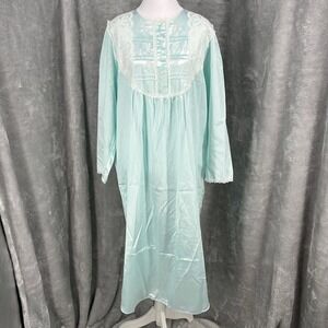 Vintage Aqua Green Flannel Lined Satin Nightgown Housedress Size S Romantic